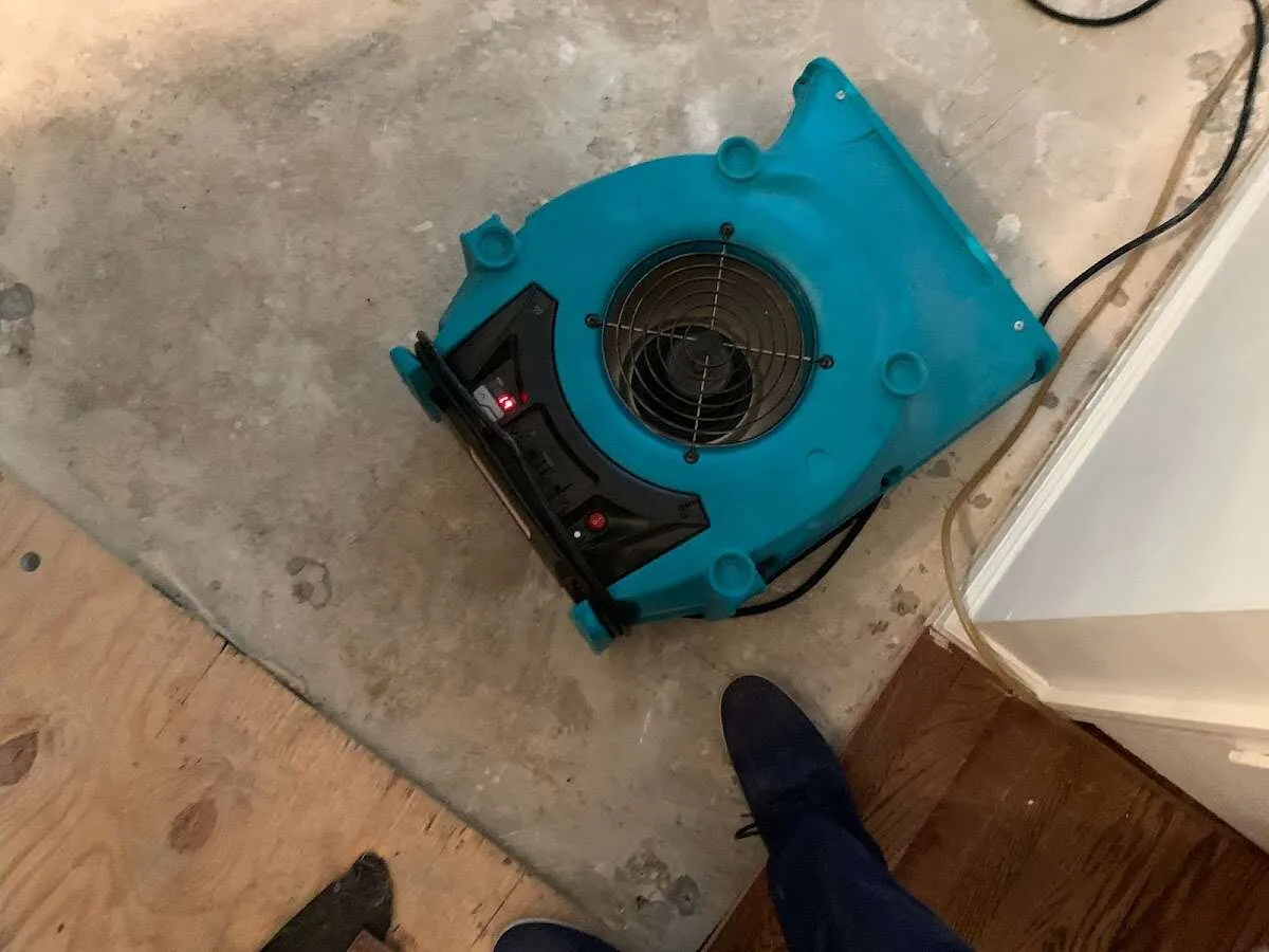 Air mover drying subfloor during Commercial Water Damage Restoration in Vernon